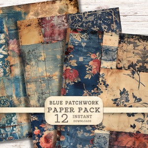 Carta digitale patchwork shabby grunge, pacchetto di texture per collage e scrapbooking stampabili, toni blu, tecnica mista, sfondo, diario boho-junk