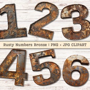 Puede incluir: Seis números de metal bronceado desgastado, del 1 al 6, con un acabado oxidado. Los números presentan varios tonos de marrón, naranja y gris, con un aspecto envejecido. El texto "Rusty Numbers Bronze | PNG + JPG CLIPART" está en la parte inferior.