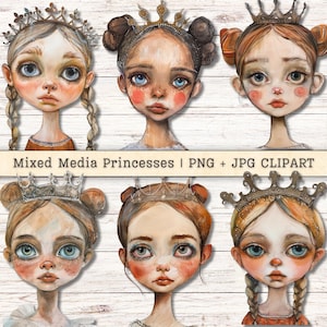 Mixed media prinsessen clipart, grillig schattig, grunge getextureerde noodlijdende PNG + JPG instant digitale download, collagestijl ongewenste journaling