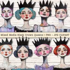 Mixed Media Queens Clipart, Black Crowns, Grunge Texture Distressed PNG + JPG Instant Download, Collage Style Junk Journal Digital Supplies