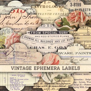 Vintage Ephemera Labels Clipart, Text & Roses Fussy Cuts JPG Instant Downloads, Shabby Chic Collage Scrapbook Junk Journal Digital Supplies