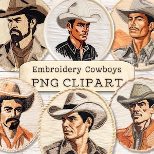 Könnte beinhalten: Satz mit sechs gestickten Cowboy-Porträts in runden Rahmen. Jedes Porträt zeigt einen Cowboy, der einen Hut und Kleidung in unterschiedlichen Stilen trägt. Die Cowboys sind in einem Vintage-Stil mit detaillierter Stickerei dargestellt.