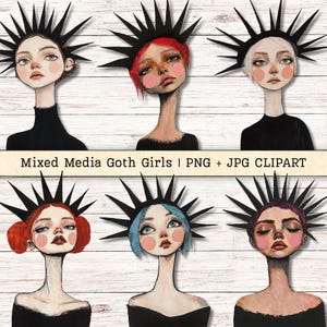 Peut inclure: Clipart de filles gothiques en techniques mixtes, présentant six illustrations de figures féminines stylisées avec des coiffes à pointes et diverses couleurs de cheveux. Les figures sont posées sur un fond blanc imitation bois. Le texte "Mixed Media Goth Girls | PNG + JPG CLIPART" est affiché.