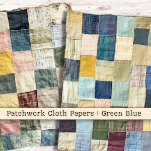 Papeles digitales de tela patchwork, técnica mixta con hilo cosido, fondo imprimible verde azulado para diario vintage, descarga instantánea de álbumes de recortes TN