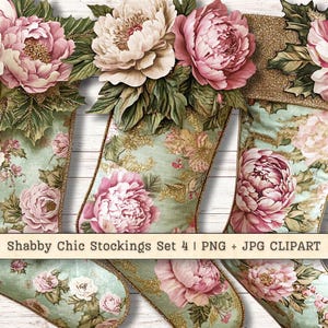 May include: Set of four Christmas stockings with a shabby chic design. The stockings are green with gold glitter and feature pink peonies and other floral designs. The text "Shabby Chic Stockings Set 4 | PNG + JPG CLIPART" is at the bottom of the image.