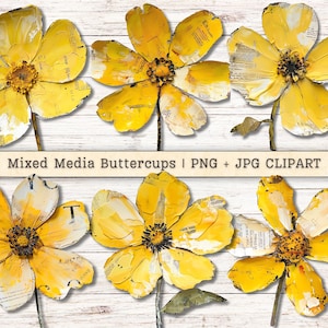 Mixed Media Buttercups Flowers Clipart, Grunge Texture Distressed PNG + JPG Instant Download, Painterly Collage Style Junk Journal Supplies
