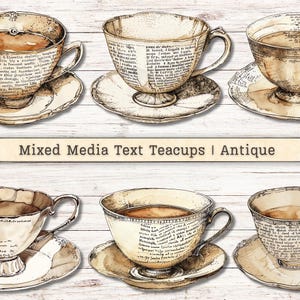 Mixed Media Teacups Clipart, Grunge Text Texture Distressed PNG Instant Download, Antique Brown Sepia Collage Junk Journal Digital Supplies