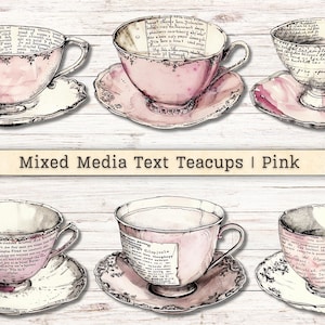 Mixed Media Teacups Clipart, Grunge Text Texture Distressed PNG +JPG Instant Downloads, Pink White Collage Junk Journal Cup Digital Supplies