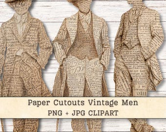 May include: Three paper cutouts of figures wearing vintage suits and top hats, constructed from tan paper covered in black cursive script and printed text. The figures are depicted in formal attire with jackets, vests, and trousers.