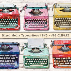 Mixed Media Typewriters Clipart, Grunge Paint Texture Distressed PNG JPG Instant Download Retro Collage Style Junk Journal Digital Supplies