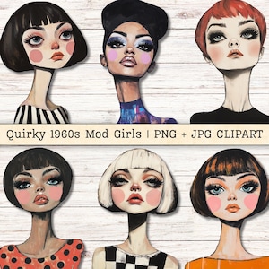 Op de afbeelding: Een verzameling van zes gestileerde illustraties van vrouwen met overdreven kenmerken, die doen denken aan de modetrend uit de jaren 1960. Elk portret heeft opvallende make-up, opvallende kapsels en diverse kledingdetails. De tekst "Quirky 1960s Mod Girls | PNG + JPG CLIPART" is weergegeven.