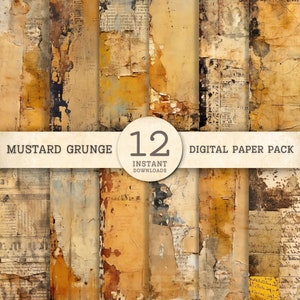 Shabby grunge digitaal papier, afdrukbaar collage plakboek textuurpakket, mosterdgeel, goud, mixed media, achtergrond, junkjournaling supply