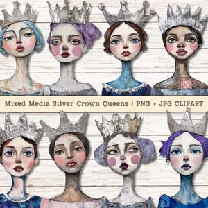 Technique mixte Queens Clipart, couronnes argentées, Grunge Texture effet vieilli PNG + JPG téléchargement immédiat, collage Style Junk Journal fournitures numériques