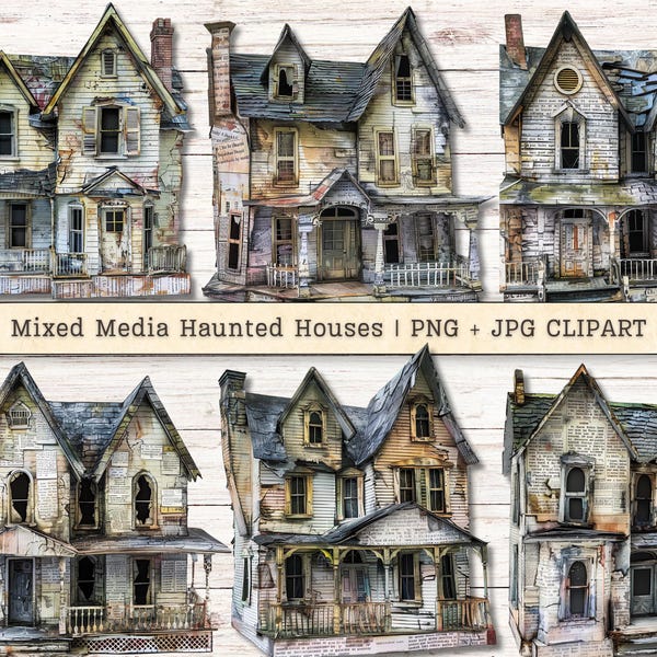 Halloween Haunted Houses Clipart, Mixed Media Paper Text Distressed PNG + JPG Instant Downloads, Collage Junk Journal Digital Supplies