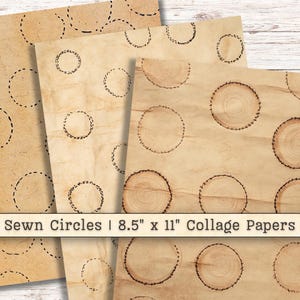Papier numérique éphémère cercles cousus, kit scrapbooking collage imprimable fils, supports mixtes beiges bruns neutres, fond de journal indésirable