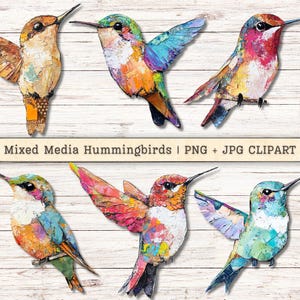Mixed Media Hummingbirds Clipart Grunge Texture Distressed PNG + JPG Instant Downloads Painterly Collage Style Junk Journal Digital Supplies