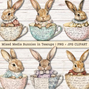 Mixed Media-Hasen in Teetassen Clipart, Text Tee-Party-Kaninchen PNG + JPG Instant Downloads, Collage Stil Junk Journal Digitales Zubehör