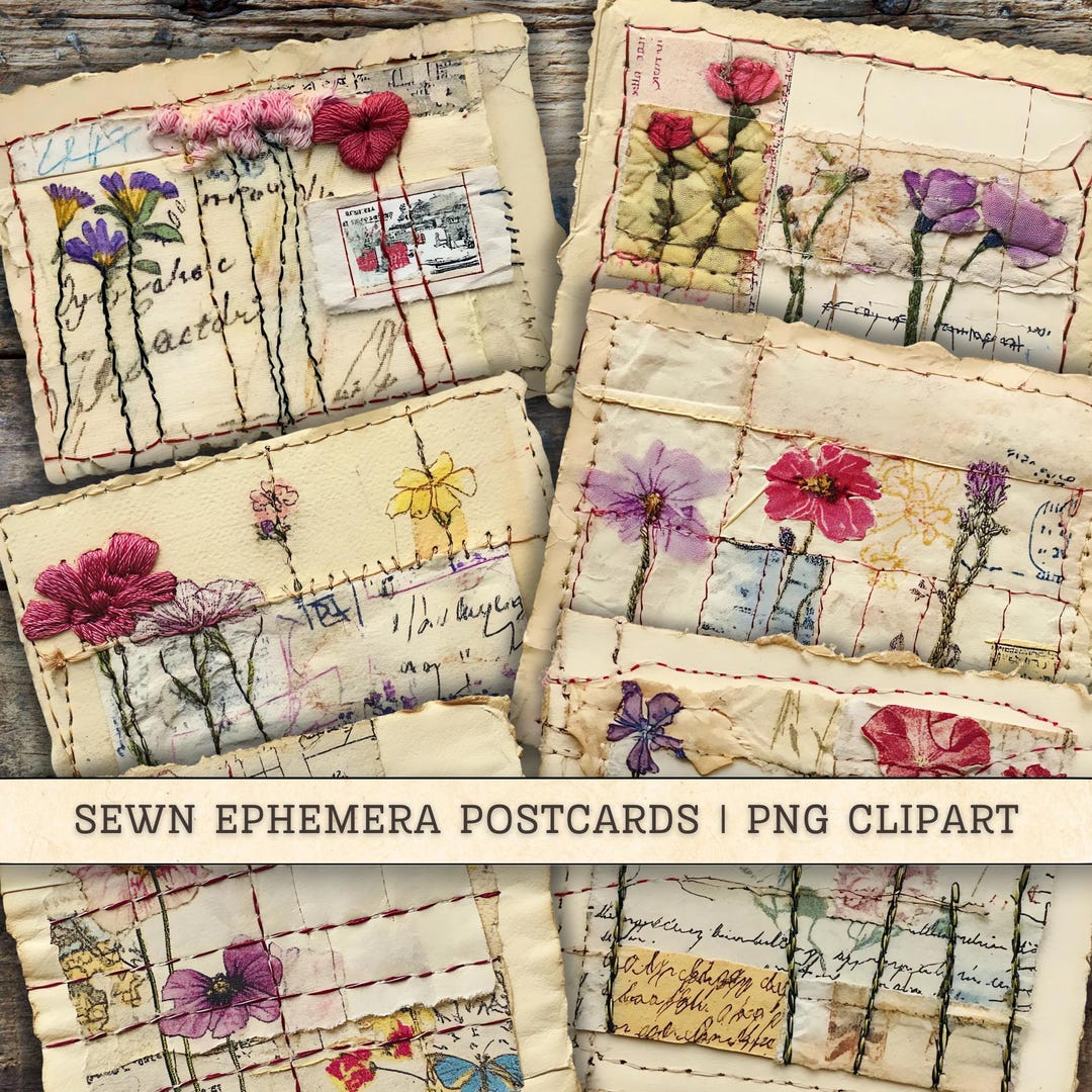 Sewn Ephemera Flower Postcards, Folk Art Embroidery Digital Download ...