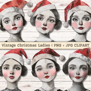 Vintage Christmas Ladies Clip Art, Santa Hats Pretty Collage, Scrapbook Junk Journal, Chapéu de Papel Artesanal, Lady Holiday Card-Making PNG Download