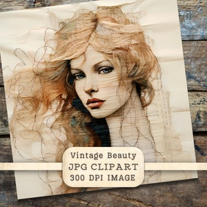 May include: A vintage-style illustration of a woman with long, flowing blonde hair. The image is created using a collage technique with paper and ink. The text "Vintage Beauty JPG CLIPART 300 DPI IMAGE" is visible at the bottom of the image.