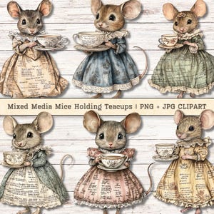 Clipart di topi con tazze da tè in tecnica mista, testo "Tea Party Vittoriano" in formato PNG + JPG, download istantanei, materiale digitale per diario di scarto in stile collage