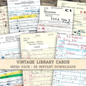 Vintage Bibliothek Karten Digitaler Download, Handgeschriebene druckbare Junk Journal Versorgung, Collage Hintergründe, Sammelalbum, alte Journaling Ephemera