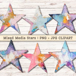 Mixed Media Stars Clipart, Grunge Paint Texture Distressed PNG + JPG Instant Download, Painterly Collage Style Junk Journal Digital Supplies
