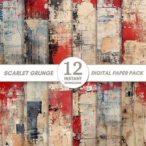 Shabby Grunge Digital Paper, Printable Collage Scrapbook Texture Paper Pack, Scarlet, Red, Rust, Mixed Media Art, Background, Junk Journal