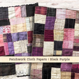 Patchwork Cloth Digital Paper, Sewn Thread Mixed Media, Black Purple Printable Vintage Junk Journal Background, Scrapbook Instant Download