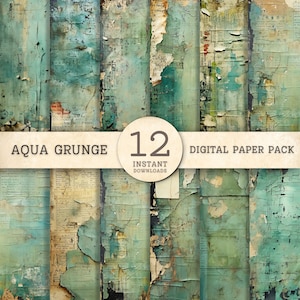 Shabby Grunge Digitaal Papier, Afdrukbaar Collage Scrapbook Textuurpakket, Aqua, Blauw, Mixed Media, Achtergrond, Achtergrond, Afdrukbare ongewenste Journal
