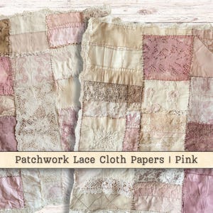 Papier numérique patchwork dentelle, fil de soie cousu technique mixte rose fond de journal indésirable vintage imprimable, scrapbooking téléchargement immédiat
