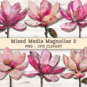 Puede incluir: Seis ilustraciones de flores de magnolia en técnica mixta, en tonos rosa y blanco, sobre un fondo de madera blanca. Las flores tienen pétalos texturizados con toques de texto y están etiquetadas como "Mixed Media Magnolias 2 PNG + JPG CLIPART".