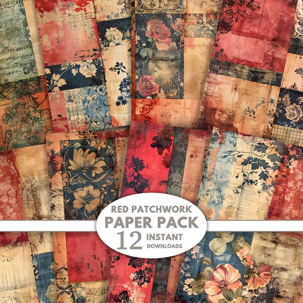 Patchwork Shabby Grunge Digital Paper, Printable Collage Scrapbook Texture Paper Pack, Red, Rust, Mixed Media Art, Background, Junk Journal