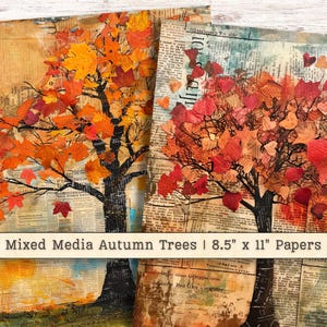 Mixed Media herfst bomen herfst clipart digitaal papier, Halloween JPG instant downloads, noodlijdende tekst grunge collage ongewenste tijdschrift benodigdheden