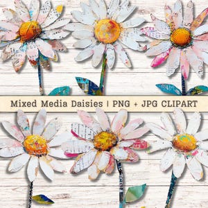 Clipart fleurs marguerites techniques mixtes, Texture grunge effet vieilli PNG + JPG téléchargement immédiat, collage peint Style Junk Journal numérique