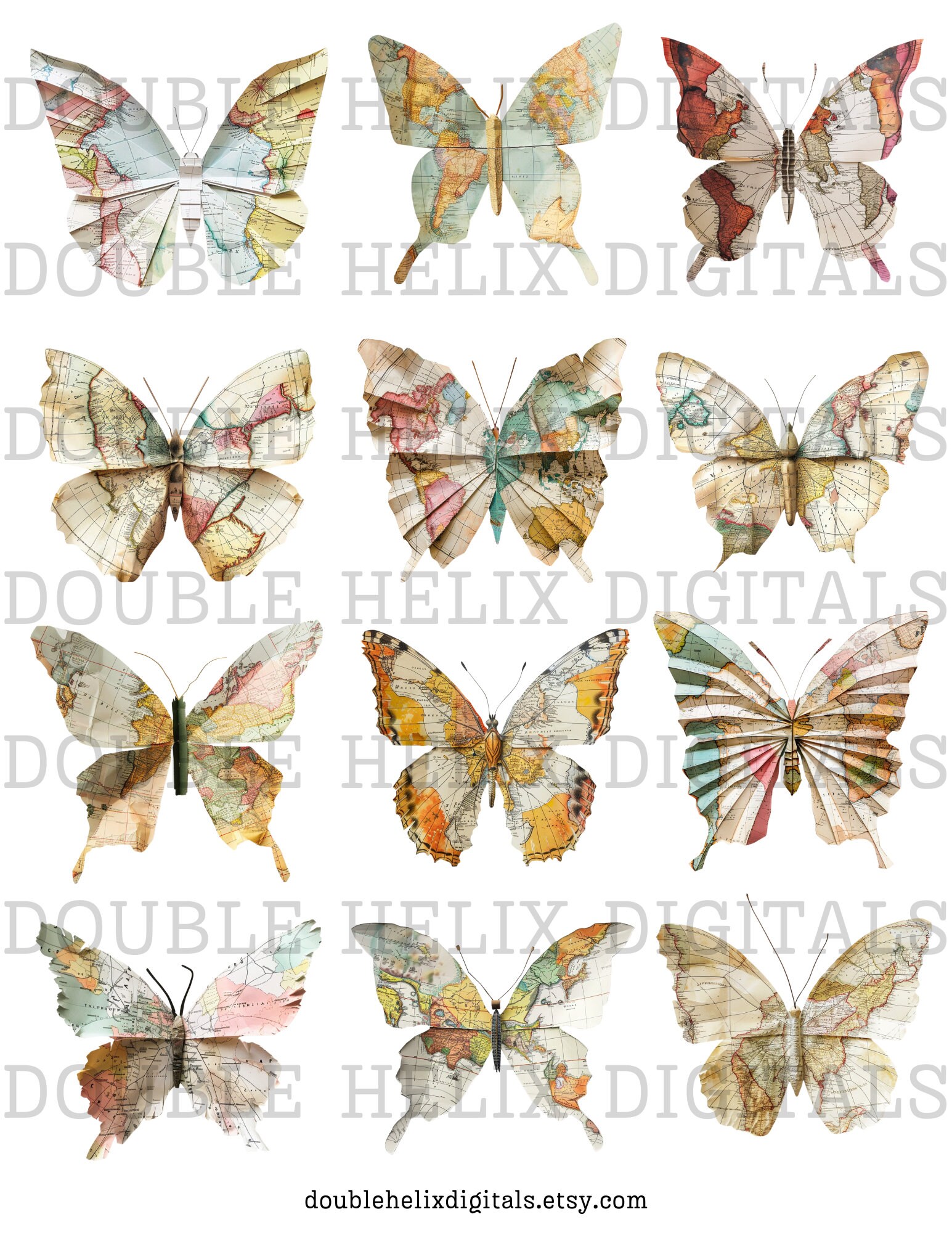 Paper Map Butterflies Clipart, Mixed Media Antique PNG + JPG Instant ...