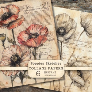Grunge Mohnblumen Skizzen Collagenpapier, Antike Vintage Clipart, Neutrale Ephemera Mischtechnik, Shabby Chic Junk Journal Scrapbooking, Kunsthandwerk