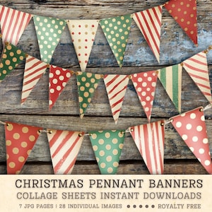 Banderines navideños, hojas de collage vintage desgastadas, imágenes de diario basura rojo-verde, descarga instantánea, creación de tarjetas navideñas