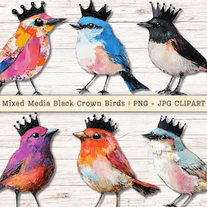 Mixed Media Birds Clipart, Black Crowns Grunge Texture Distressed PNG JPG Instant Downloads, Painterly Collage Junk Journal Digital Supply
