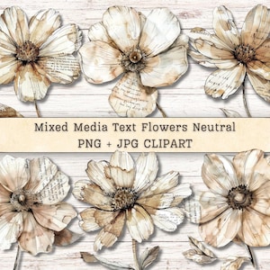 Mixed Media Flowers Clipart, Neutral Text Watercolor Grunge Distressed Instant Downloads, Ink Collage Style Junk Journal Digital Supplies