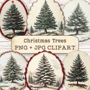 以下が含まれることがあります： 赤い縁取りと白い背景を持つ、ヴィンテージのクリスマスツリーのイラストが6つあります。木は赤いオーナメントと雪で飾られています。画像の下には「Christmas Trees PNG + JPG CLIPART」というテキストが表示されています。