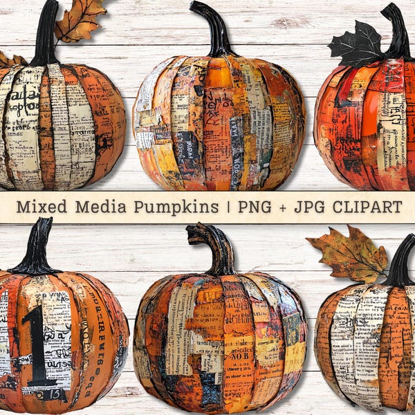 Mixed Media Pumpkins Clipart, Halloween Newsprint Paper Text Distressed PNG + JPG Instant Downloads, Collage Junk Journal Digital Supplies