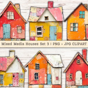 Mixed Media huizen Clipart Set 3, grunge textuur noodlijdende PNG JPG Instant Downloads, schilderkunstige collagestijl ongewenste dagboek digitale benodigdheden