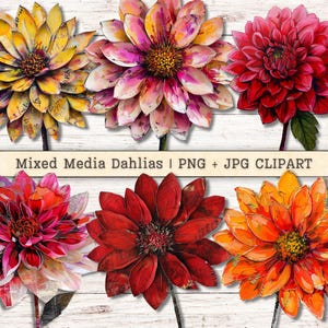 Clipart fleurs dahlias techniques mixtes, Texture Grunge effet vieilli PNG + JPG téléchargement immédiat, peinture Collage Style Junk Journal fournitures numériques