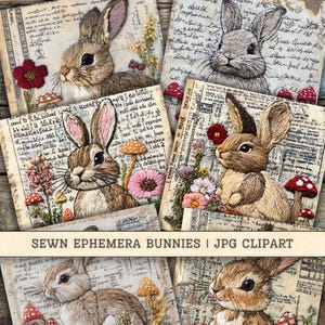 Clipart de conejitos efímeros cosidos, descarga digital de bordados de arte popular, suministros para diarios basura con texto vintage, fondos de collage para scrapbooking