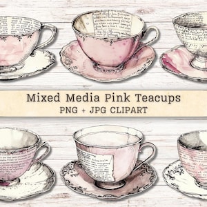 May include: A collection of six pink teacups with saucers, featuring black ink script text patterns on the exterior and interior surfaces. The teacups are arranged in two rows, showcasing a mixed media style with watercolor pink tones and detailed line drawings on a light wood grain background.