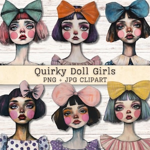 Pode incluir: Clipart digital com seis retratos de bonecas estilizadas com laços grandes e bochechas rosadas. As bonecas têm várias cores de cabelo e laços, incluindo verde-azulado, laranja e amarelo. O texto "Quirky Doll Girls PNG + JPG CLIPART" é exibido.