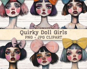 Mixed Media Quirky Doll Girls Clipart, Whimsical Grunge Textured Distressed Instant Digital Downloads, Collage Junk Journal PNG + JPG