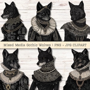 May include: Six gothic wolf illustrations in black and gold attire. Each wolf is adorned with elaborate collars, necklaces, and clothing, reminiscent of historical royalty. The text "Mixed Media Gothic Wolves | PNG + JPG CLIPART" is at the bottom.