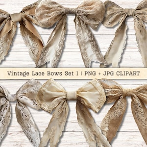 Clipart di fiocchi in pizzo vintage, set 1, download digitali PNG + JPG, collage di ritagli antichi per scrapbooking, diario di scarti, immagine stampabile per lavori di carta